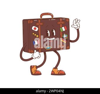 Bagage de dessin animé valise groovy caractère, bagage de voyage rétro. Sac vintage vectoriel isolé avec des autocollants de drapeau de pays. personnage avec des yeux expressifs et un large sourire accueillant, prêt à voyager Illustration de Vecteur