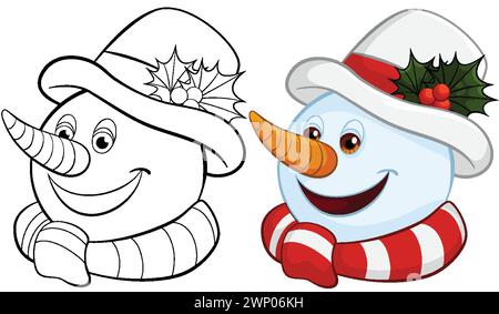 Deux bonhommes de neige joyeux portant des chapeaux et des foulards de vacances. Illustration de Vecteur