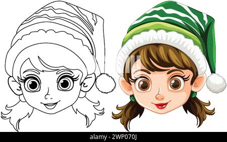 Versions colorées et au trait d'art d'une fille elfe de Noël. Illustration de Vecteur