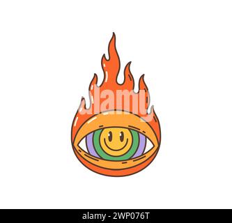 Dessin animé rétro groovy oeil hippie avec des flammes de feu dans l'art des années 60 et 70, symbole vectoriel. Hippie groovy oeil et feu signe avec sourire en arc-en-ciel en Gro Illustration de Vecteur