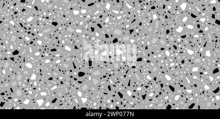 Fond de tuile en céramique terrazzo noir, blanc et gris ou motif vectoriel en mosaïque terrazo. Texture de sol en pierre de marbre terazzo de pierres cassées abstraites Illustration de Vecteur