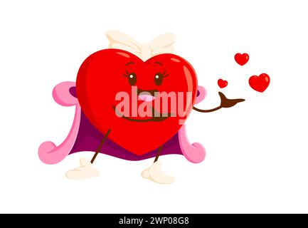 Cartoon Love Heart personnage envoie des baisers. Personnage de fille romantique de vecteur isolé soufflant de façon ludique des cœurs rouges à la Saint-Valentin, flirtant ou radiati Illustration de Vecteur