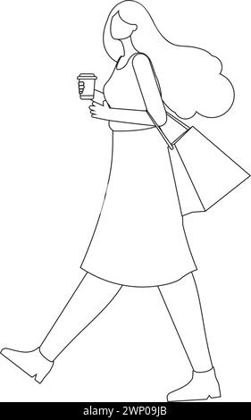 Illustration d'une fille tenant une tasse à café en papier et une promenade, style d'art de ligne. Illustration de Vecteur