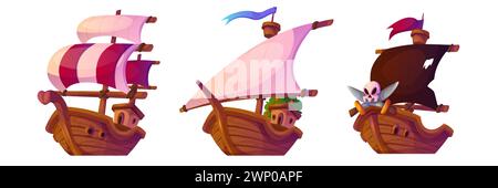 Voile et bateau pirate avec voiles. Ensemble d'illustration vectorielle de dessin animé de navires vintage avec pont en bois et mâts. Corsaire et galion de transport maritime médiéval mignon pour la conception d'interface utilisateur de jeu d'aventure en mer. Illustration de Vecteur