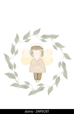 Ange encadré par des branches. Modèle de carte aquarelle avec garçon mignon avec des ailes. Couronne ronde de branches vertes avec des feuilles. Clip art sur un blanc Banque D'Images
