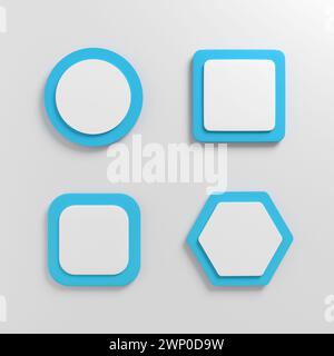 Jeu de boutons-poussoirs blancs avec cadre bleu. Boutons poussoirs ronds, carrés et hexagonaux avec ombre sur fond blanc. Rendu 3D. Banque D'Images