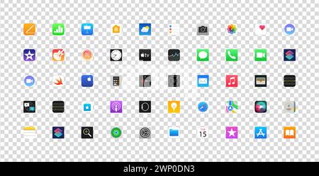 Apps iPhone définies. ITunes, Apple Store, iMovie, iBooks, Apple TV, FaceTime, interface Google Maps, calculatrice de calendrier de notes de caméra et nfc. Transparent Illustration de Vecteur