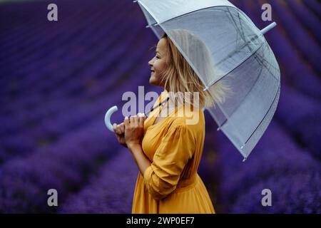 Une femme d'âge moyen dans un champ de lavande marche sous un parapluie par temps pluvieux et apprécie l'aromathérapie. Concept d'aromathérapie, huile de lavande, photo Banque D'Images