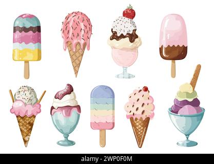 Ensemble de différentes crèmes glacées, sundaes, gelatos. Illustration de Vecteur