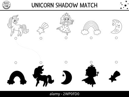 Unicorn noir et blanc ombre assortie activité avec arc-en-ciel, fée, étoile tombante. Puzzle magique du monde. Trouvez la feuille de travail imprimable de silhouette correcte, g. Illustration de Vecteur