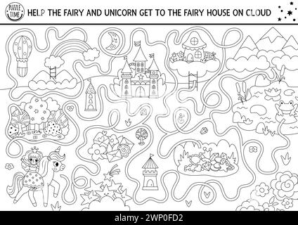 Unicorn labyrinthe noir et blanc pour les enfants avec carte de pays fantastique, château, maison de fées. Activité imprimable magique avec montagnes, étang, arc-en-ciel. Conte de fées Illustration de Vecteur