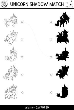 Unicorn noir et blanc ombre assortie activité avec des animaux avec des cornes. Puzzle magique du monde. Trouver la silhouette correcte feuille de travail imprimable, jeu. Fée Illustration de Vecteur