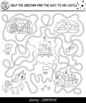 Labyrinthe noir et blanc licorne pour les enfants avec cheval fantastique, château, forêt magique, montagnes, lac, scènes de nature. Activité imprimable Magic World Line. F Illustration de Vecteur