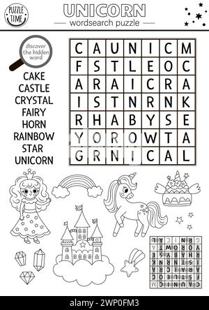 Puzzle de recherche de mots de licorne noir et blanc de vecteur pour les enfants. Quiz de recherche de mots magiques. Activité éducative avec fée, arc-en-ciel, château, cristaux, étoile. F Illustration de Vecteur