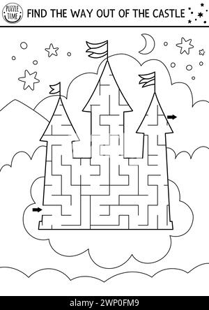 Labyrinthe géométrique noir et blanc de conte de fées pour les enfants. Activité imprimable de ligne préscolaire en forme de château de licorne sur nuage avec ciel, étoiles, lune. Magique Illustration de Vecteur