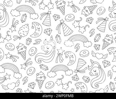Vecteur noir et blanc modèle sans couture pour la fête d'anniversaire licorne. Répéter le fond avec étoile tombante, cristal, beignet, arc-en-ciel, bonbons. Fantaisie o Illustration de Vecteur