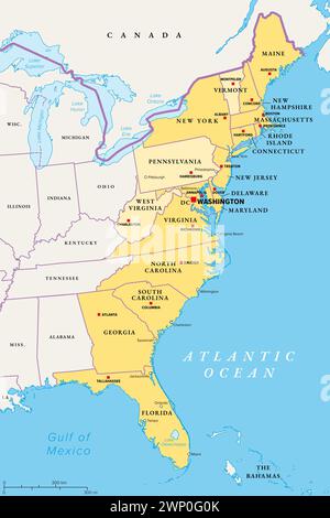 Carte politique de la côte est des États-Unis. états de la côte atlantique dont le littoral sur l'océan Atlantique est en jaune, états faisant partie de la côte est en jaune clair. Banque D'Images