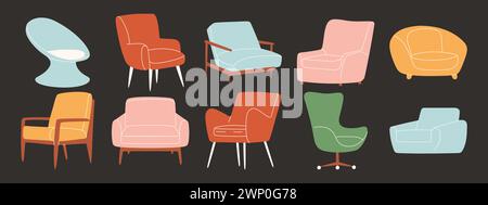 Ensemble de fauteuils tendance dans un style scandinave. Mobilier moelleux moderne pour un intérieur confortable Illustration de Vecteur