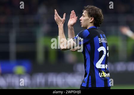 Milan, Italie. 04 mars 2024. Nicolo Barella du FC Internazionale fait des gestes lors du match de football Serie A entre le FC Internazionale et le CFC de Gênes. Crédit : Marco Canoniero/Alamy Live News Banque D'Images