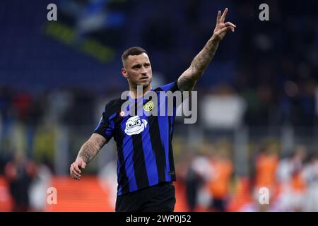 Milan, Italie. 04 mars 2024. Marko Arnautovic du FC Internazionale célèbre à la fin du match de football Serie A entre le FC Internazionale et le CFC de Gênes. Crédit : Marco Canoniero/Alamy Live News Banque D'Images