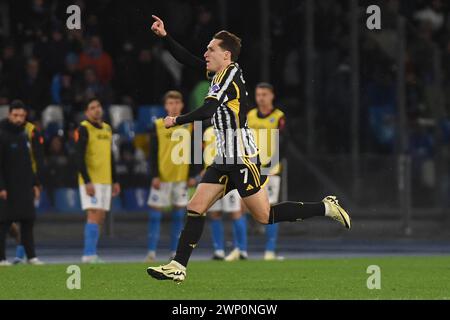 Naples, Italie. 3 mars 2024. Federico Chiesa de la Juventus célèbre après avoir marqué lors du match de Serie A entre la SSC Napoli et la Juventus FC au Stadio Banque D'Images