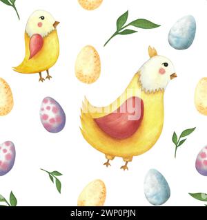 Illustration aquarelle sans couture pour Pâques de poule, poussin et œufs de Pâques. Pour textiles et tissus Banque D'Images