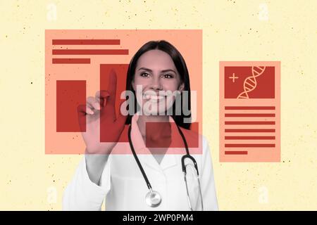 Image d'illustration de collage de femme confiante souriante heureuse utilisant la technologie moderne dans la clinique isolée sur fond de dessin Banque D'Images