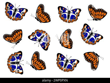Ensemble de différents papillons sur un fond blanc. Contour noir, remplissage bleu et orange. Stylisme. Dessin réaliste simplifié. Un beurre déplié Banque D'Images