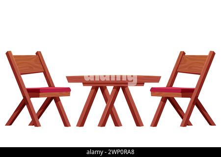 Table de pique-nique avec chaise ensemble de meubles en bois, bureau en bois avec construction rustique de jambe dans le style de bande dessinée isolé sur fond blanc. Table basse texturée en bois comique. Illustration vectorielle Illustration de Vecteur