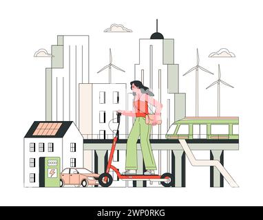 Sensibilisation à la qualité de l'air. Transports urbains durables. Femme sur scooter électrique dans le paysage urbain avec des éoliennes et des panneaux solaires. Énergie verte et air pur. Illustration vectorielle plate. Illustration de Vecteur