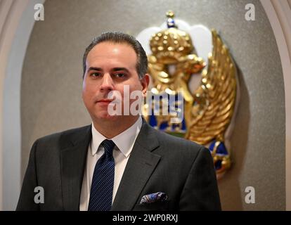 Podgorica, Monténégro. 04 mars 2024. Le ministre monténégrin des Affaires étrangères, Filip Ivanovic, photographié avant la visite du ministre allemand des Affaires étrangères, M. Baerbock. Crédit : Soeren Stache/dpa/Alamy Live News Banque D'Images