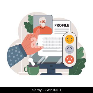 Profil de rencontres en ligne de l'homme âgé sur un écran d'ordinateur, avec une interface pour sélectionner les réponses émotionnelles, en mettant l'accent sur les interactions numériques seniors modernes. Illustration vectorielle plate Illustration de Vecteur