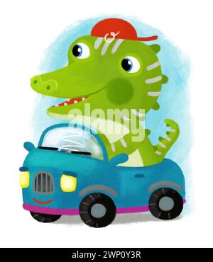 scène de dessin animé avec dinosaure dino ou conducteur de dragon jouant en s'amusant voiture de conduite sur illustration de fond blanc pour les enfants Banque D'Images