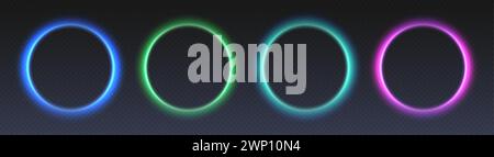 Cadres de cercle lumineux au néon, anneaux colorés futuristes gradient, bordures vectorielles modernes. Illustration de Vecteur