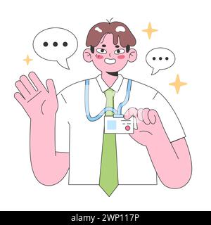 Concept amical d'introduction au médecin. Médecin joyeux agitant la main avec badge d'identification, prêt pour la consultation. La communication sur les soins de santé. Illustration vectorielle plate. Illustration de Vecteur