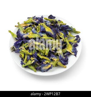 Plat blanc avec des fleurs de thé de pois de papillon séchées près isolé sur fond blanc Banque D'Images