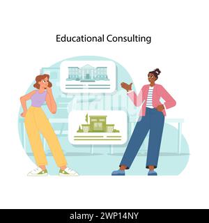 Consultation en éducation. Advisor partage des idées sur les options des établissements universitaires, soulignant l'approche personnalisée du conseil en éducation. Choisir les écoles et les universités. Vecteur plat Illustration de Vecteur
