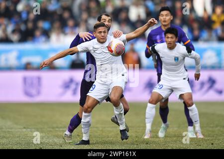 Tianjin Jinmen Tiger Football Club 1-1 dessine le Nantong Zhiyun Football Club au premier tour de la Super League chinoise (CSL) 2024 à Tianjin, en Chine, Banque D'Images