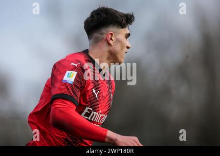 Milan, Italie, 04 mars 2024. Davide Bartesaghi lors du match entre Milan et Fiorentina pour le Championnat Primavera 1 au CS Vismara, Milan. CRED Banque D'Images