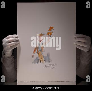 Bonhams, Londres, Royaume-Uni. 5 mars 2024. Sir Quentin Blake recrée les personnages de Roald Dahl pour « A douzaine de nouveaux dessins de vieux amis » : Une vente de financement pour le Centre Quentin Blake pour l'illustration qui aura lieu du 4-14 au 30 mars à Bonhams. Les temps forts incluent : Charlie Bucket (non encadré), de Charlie et la chocolaterie de Roald Dahl, Charlie tenant le billet d'or. Estimation : 5 000 à 7 000 £. Crédit : Malcolm Park/Alamy Live News Banque D'Images