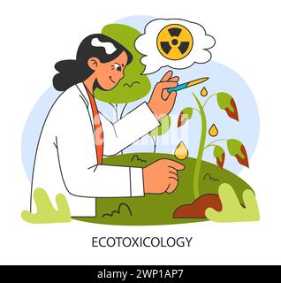 Écotoxicologie. Un scientifique enquête sur une plante affectée par une substance à risque de rayonnement. Recherche de l'impact des déchets toxiques sur l'environnement de la planète. Contaminant de l'écosystème. Illustration vectorielle plate. Illustration de Vecteur