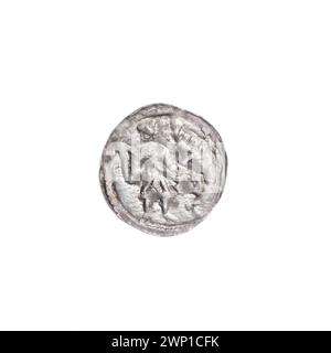 Denarius d'argent de Bolesław III Krzywousty (1125-1138) présentant une iconographie médiévale avec des Wojciech, chevaliers, dragons, spears, croix, et allégories du bien et du mal dans le style roman. Banque D'Images