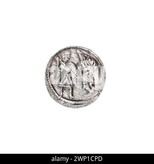 Denarius d'argent de Bolesław III Krzywousty (1107-1138) représentant chevaliers romans, dragons, croix et lances avec des images allégoriques illustrant des thèmes chrétiens médiévaux, faisant partie de la collection Jastrzębowski. Banque D'Images