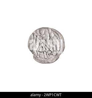 Denarius d'argent de 1125-1138 avec Bolesław III Krzywousty. La pièce comprend des iconographies telles que des chevaliers, des dragons, des croix, des lances et des allégories représentant les lois médiévales et le symbolisme chrétien. Il fait partie de la collection Stanisław Jastrzębowski. Banque D'Images