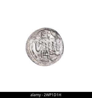 Denarius d'argent de Bolesław III Krzywousty, vers 1125-1138, montrant un Wojciech, croix romanes, chevaliers, dragons, lances, chaînes de courrier et symboles allégoriques du bien contre le mal. Banque D'Images