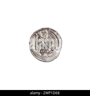 Denarius d'argent émis par Bolesław III Krzywousty vers 1125-1138, montrant l'iconographie de Wojciech, chevaliers, dragons, lances, croix, et symboles allégoriques de lutte morale dans le style roman. Banque D'Images