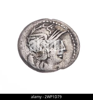 Un denarius romain de 134 av. J.-C. par M. Marcius montrant la tête casquée de Roma, Victoria sur une biga, des casques, des chevaux, des épis de grain et des modius, tenue dans les collections d'art de l'État de Varsovie (1922-1939). Banque D'Images