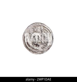 Denarius d'argent émis sous Bolesław III Krzywousty, c.1125-1138, montrant les Wojciech, croix, chevaliers, dragons, lances et symboles romans allégoriques du moyen âge. Banque D'Images