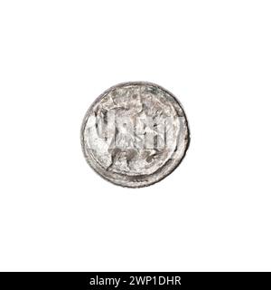 Denarius d'argent de Bolesław III Krzywousty (1107-1138) montrant l'iconographie romane avec chevaliers, dragons, lances, croix et représentations allégoriques du bien contre le mal, de la collection Stanisław Jastrzębowski. Banque D'Images
