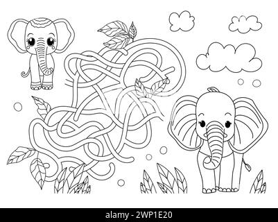 Aidez le bébé éléphant à atteindre sa mère dans ce livre de coloriage labyrinthe engageant pour les enfants Illustration de Vecteur